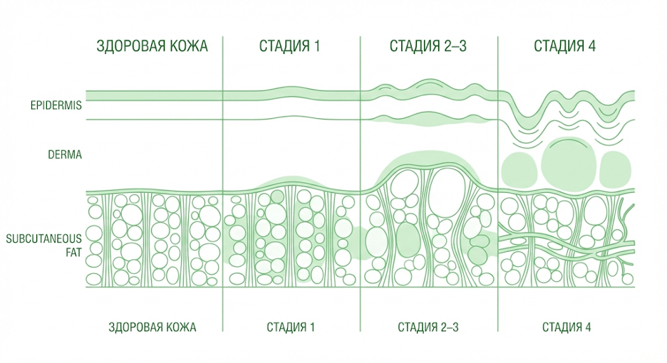 Схема структуры подкожно-жировой клетчатки и визуализация стадий целлюлита у женщин