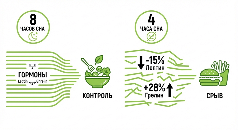 Инфографика влияния недосыпа на лептин, грелин и кортизол