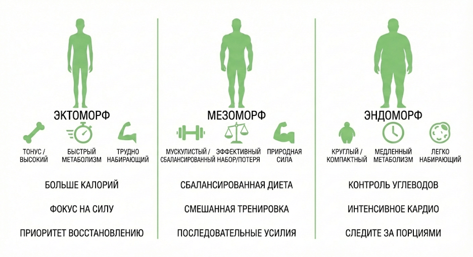 Инфографика: Эктоморф / Мезоморф / Эндоморф — ключевые признаки и быстрые действия