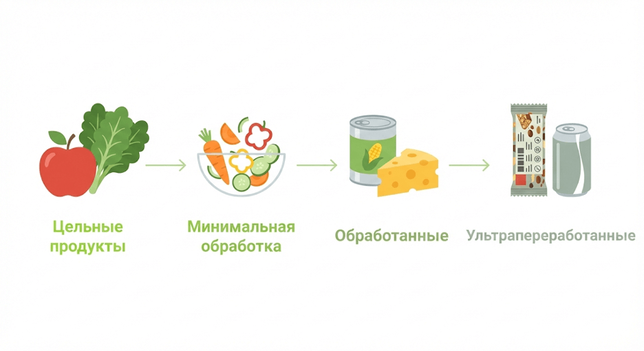 Линейка уровней обработки продуктов с примерами: цельные, обработанные, ультрапереработанные