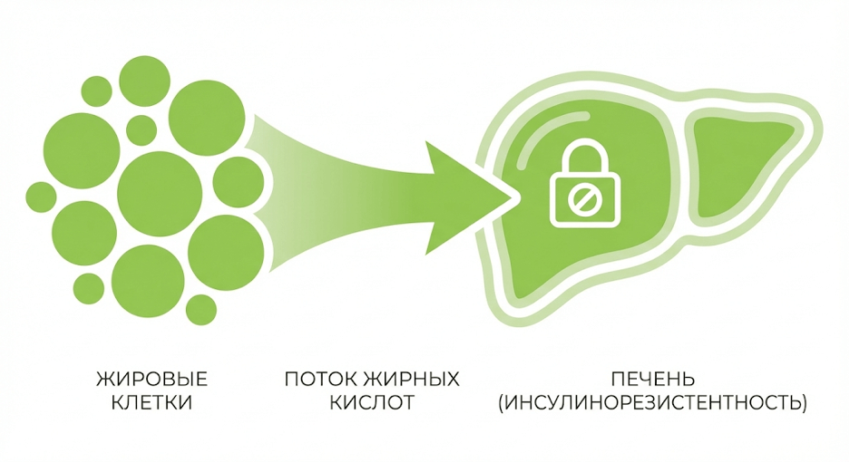 Схема влияния висцерального жира на гормоны, печень и метаболизм