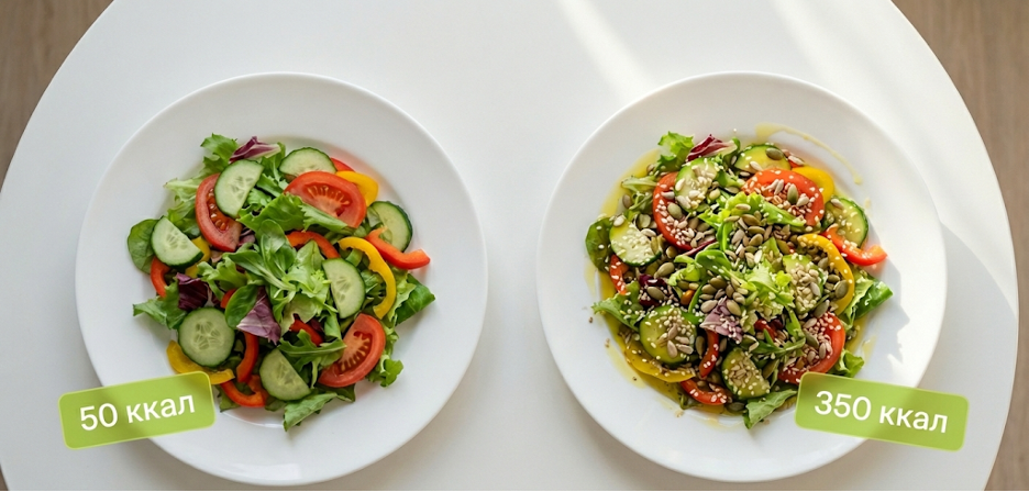 фото салата «до» и «после» заправки, с подписью разницы в ккал