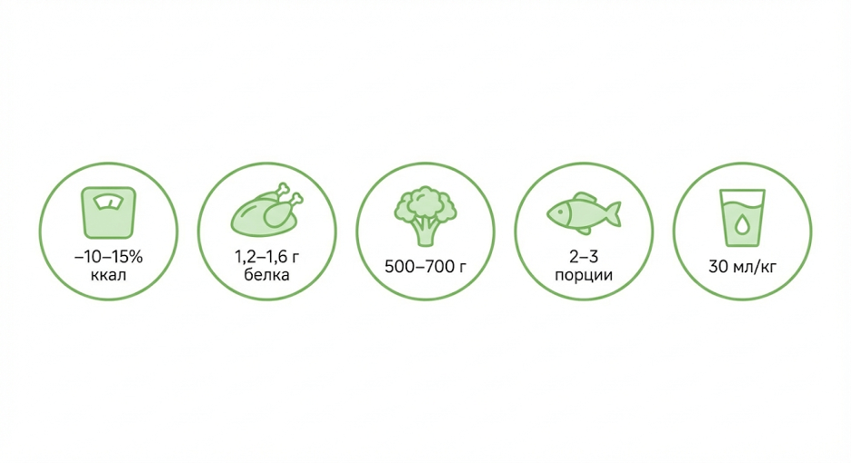 Пять иконок с краткими формулами: «-10–15% калорий», «1,2–1,6 г/кг белка», «500–700 г овощей», «2–3 порции рыбы/нед», «30 мл/кг воды