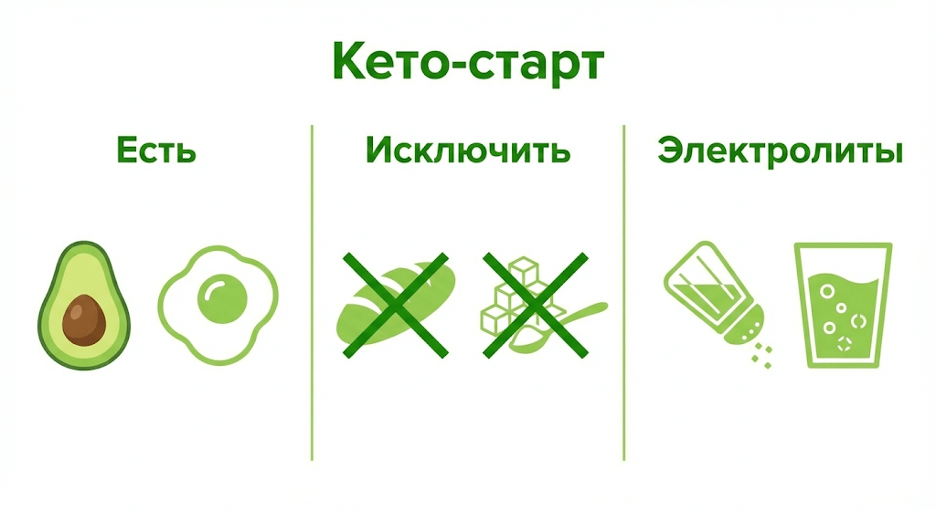 Инфографика быстрого старта кето: разрешенные и запрещенные продукты, дозировки электролитов