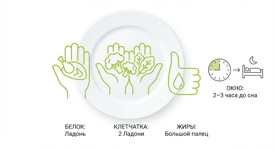 Схема идеального вечернего приема пищи для похудения: порции по ладони, окно 2–3 часа до сна, разрешенные продукты