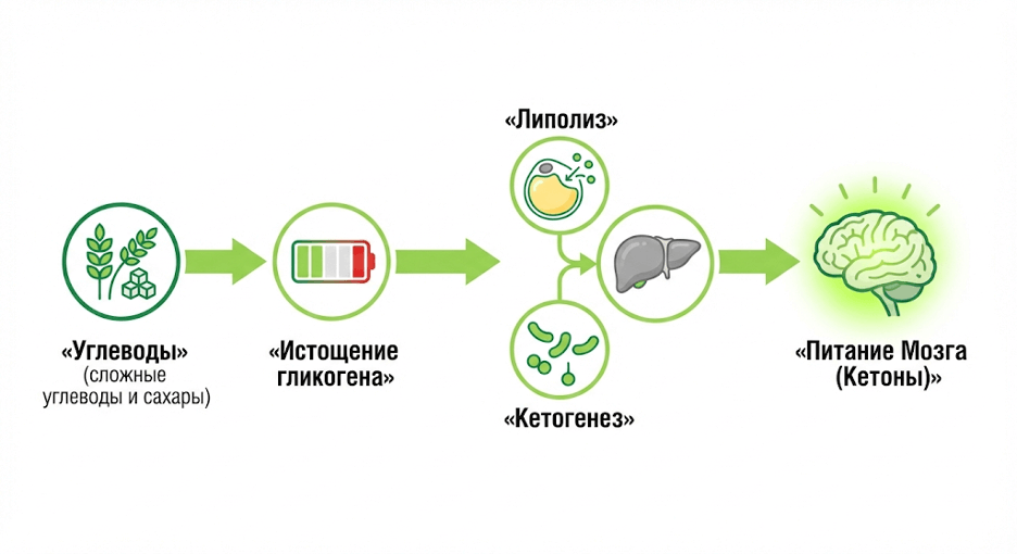 Схема перехода организма в кетоз: от снижения углеводов к использованию кетонов