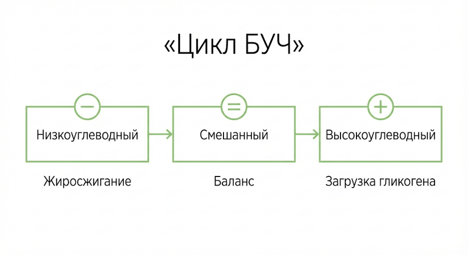 Схема недели углеводного чередования: низко-, смешанный и высокоуглеводные дни и их цели