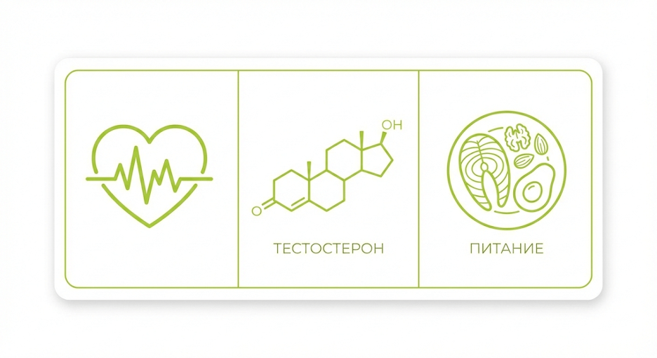 Карточка «Мужчина 40+» с блоками «Сердце», «Тестостерон», «Питательные акценты»