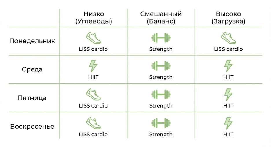 Календарь согласования тренинга с углеводным циклом