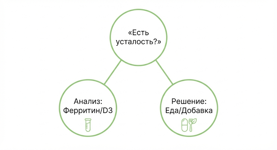 Дерево решений: «Есть симптом/дефицит?» → «Анализ» → «Добавка/еда»