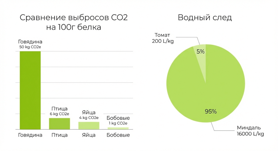 Инфографика с углеродным и водным следом основных продуктовых групп