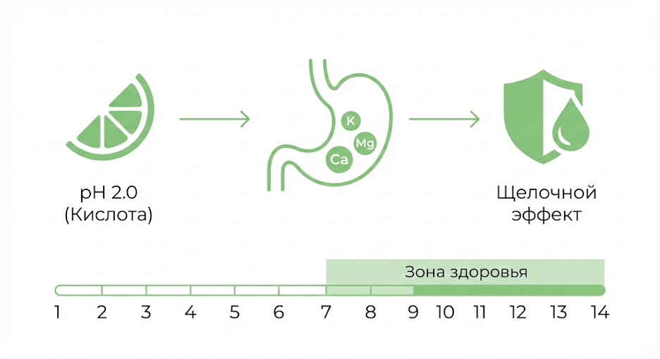 Схема: лимонный сок и регуляция pH в организме