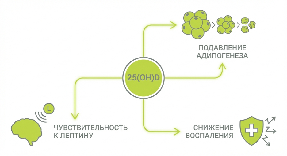 Иллюстрация депонирования витамина D в адипоцитах и влияния на уровень 25(OH)D