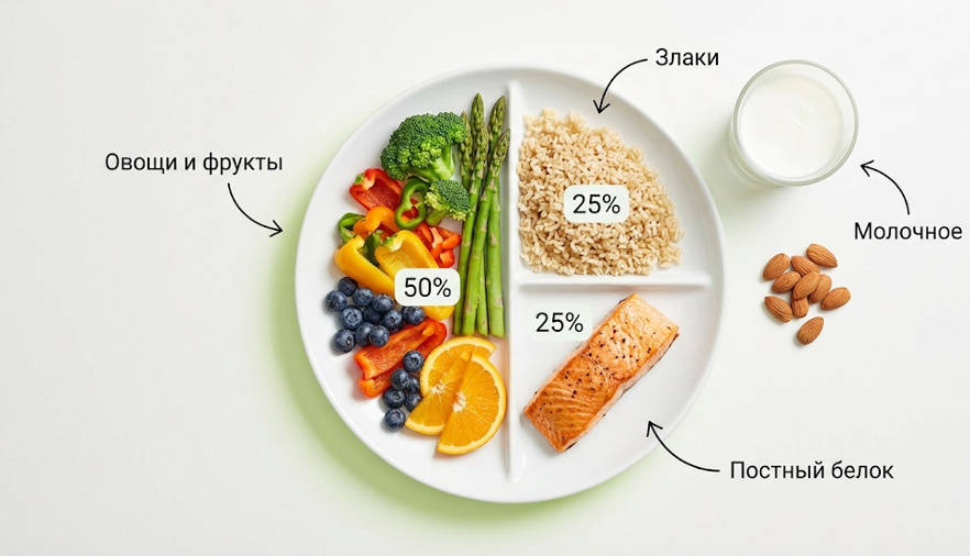 Тарелка DASH: овощи, фрукты, цельнозерновые, постный белок и нежирный молочный продукт