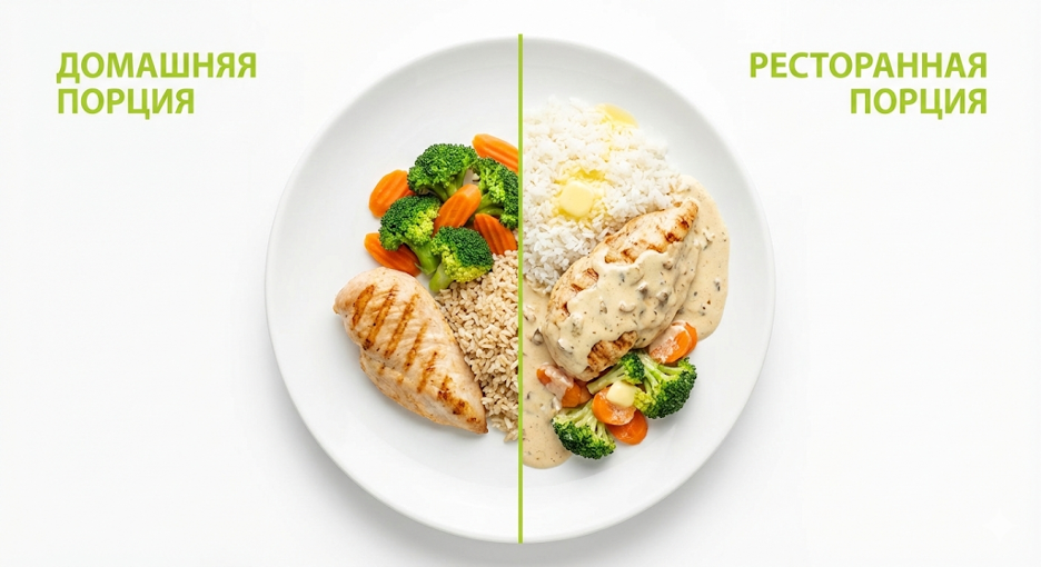 сравнение «домашняя порция vs ресторанная порция» на одной тарелке