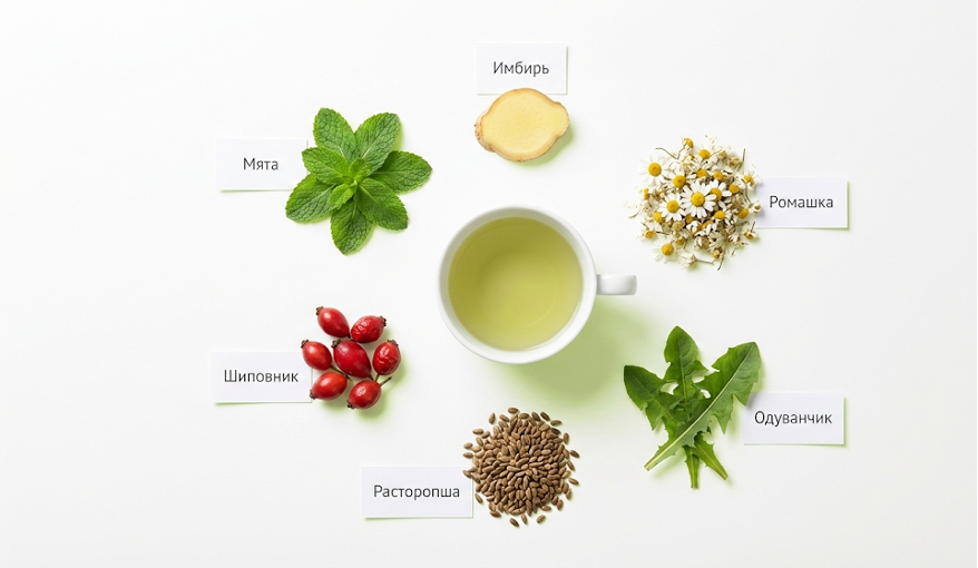 Фото чашки зелёного чая и набора трав