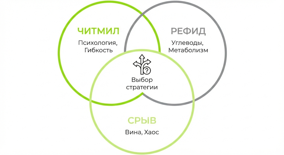 Диаграмма Венна различий между читмилом, рефидом и срывом