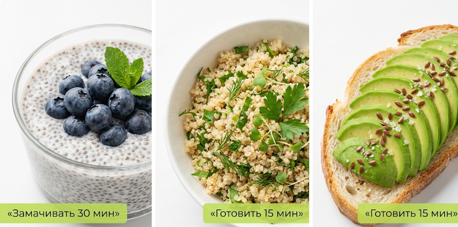 Галерея рецептов — 3 карточки: чиа‑пудинг, боул с киноа, тост с авокадо; шаги и время готовки