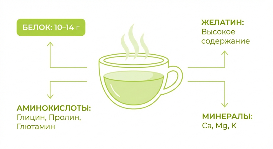 Состав домашнего костного бульона: коллаген, белок, аминокислоты (глицин, пролин, глютамин) и минералы