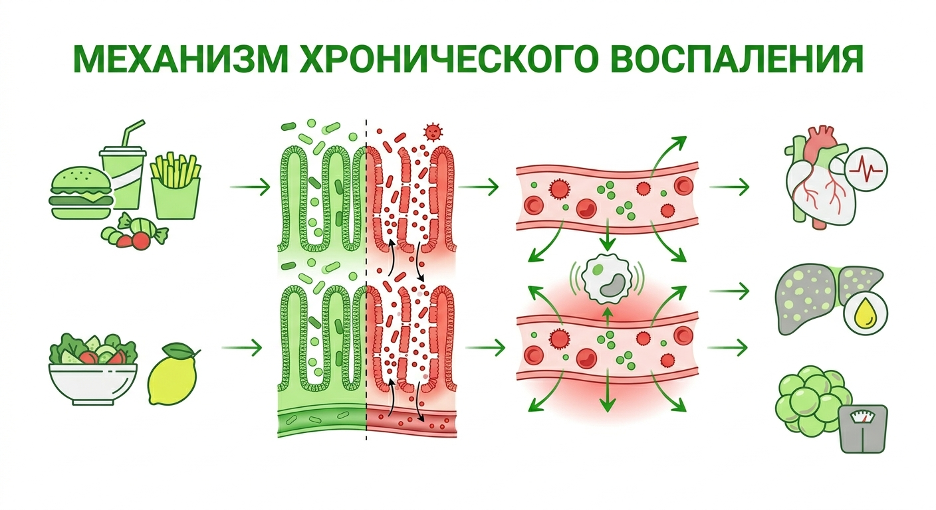 Схема механизма развития хронического воспаления в организме под влиянием неправильного питания