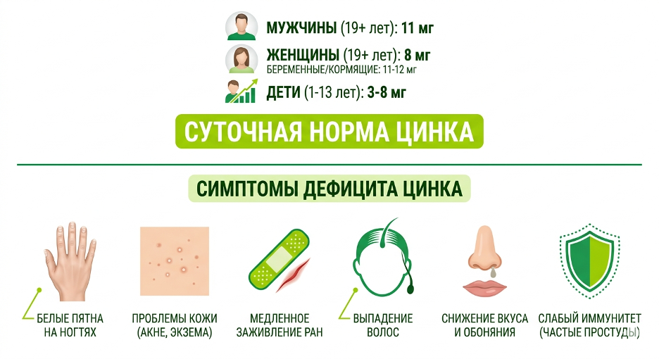 Суточная потребность в цинке и ключевые признаки его недостатка