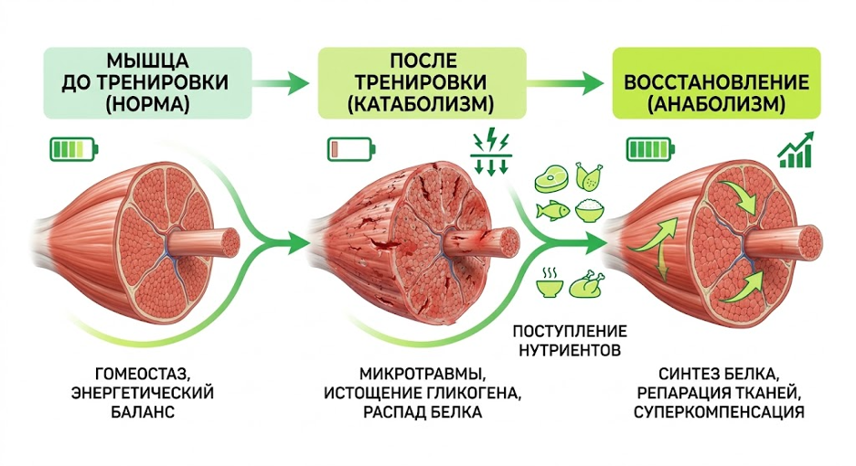 Физиологический процесс восстановления мышц в анаболический период после тренировки