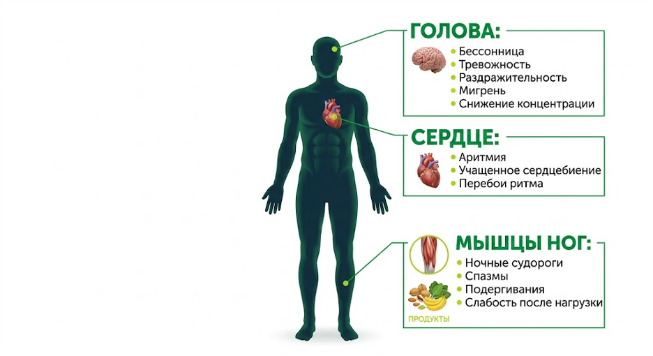 Анатомическая схема симптомов дефицита магния: нервные, мышечные и сердечно-сосудистые проявления