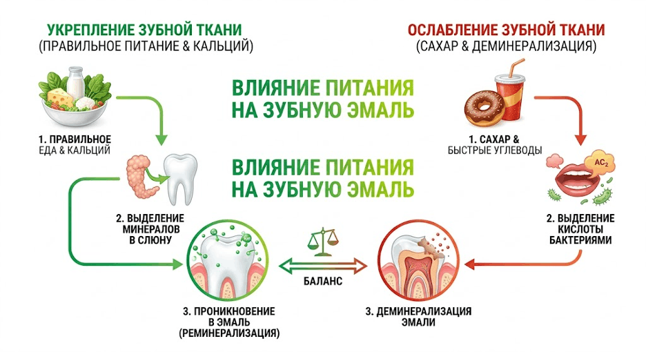 Схема влияния правильного питания и кальция на укрепление зубной ткани: реминерализация vs деминерализация
