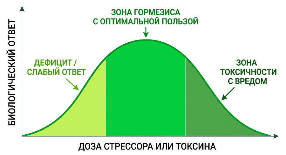 График U-образной кривой: зависимость эффекта от дозы стрессора