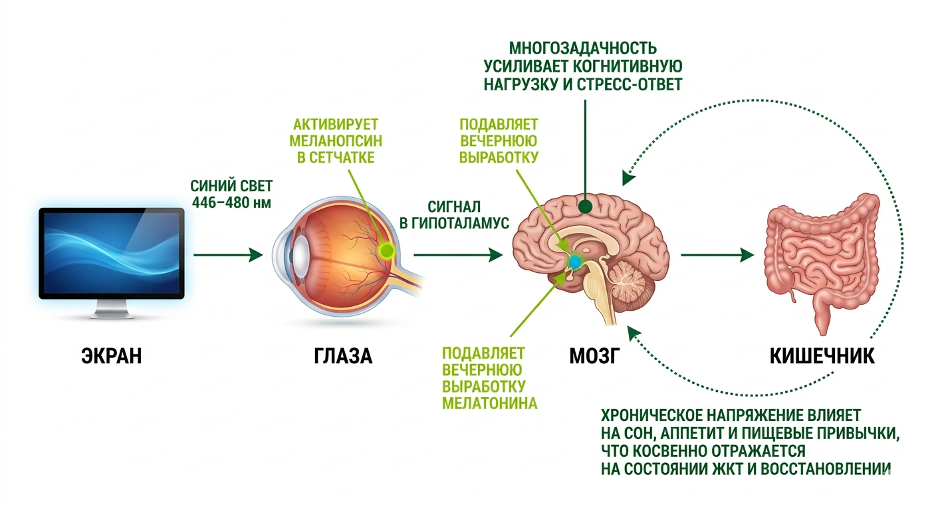 Схема влияния цифровой усталости на глаза, сон, мозг и пищевое поведение
