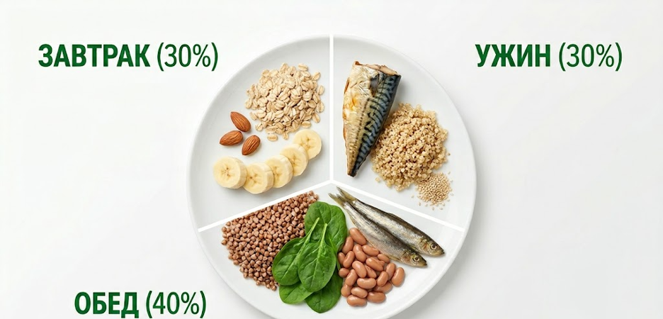 Схема идеального дневного рациона с продуктами, где содержится магний