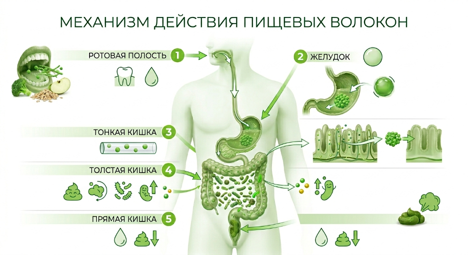 схема механизма действия пищевых волокон в пищеварительной системе человека