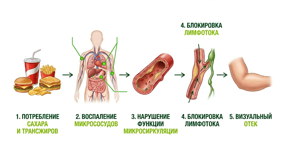 Схема влияния вредной еды, сахара и скрытой соли на застой лимфатической жидкости.