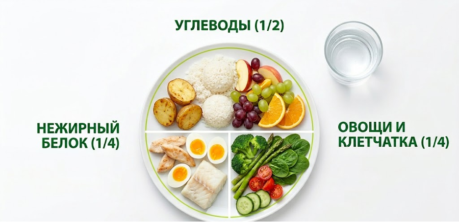Пример правильной тарелки питания для закрытия белкового и углеводного окна