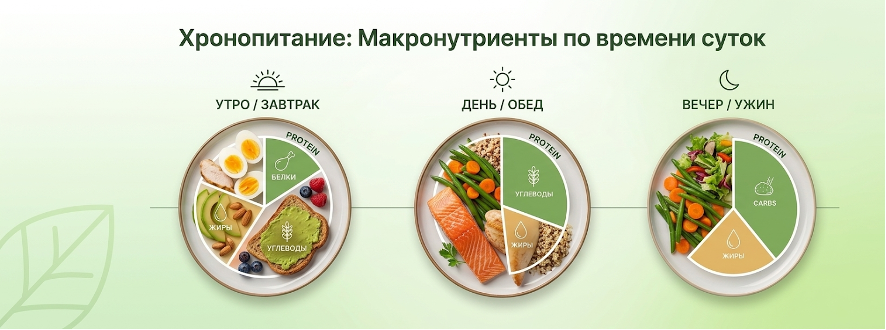 Схема распределения белков, жиров и углеводов для завтрака, обеда и ужина