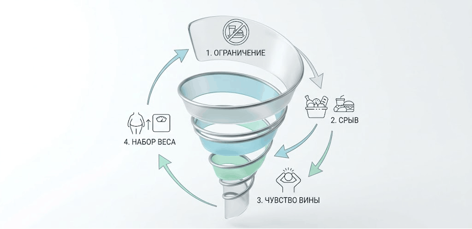 Схема порочного круга неэффективных диет и набора веса