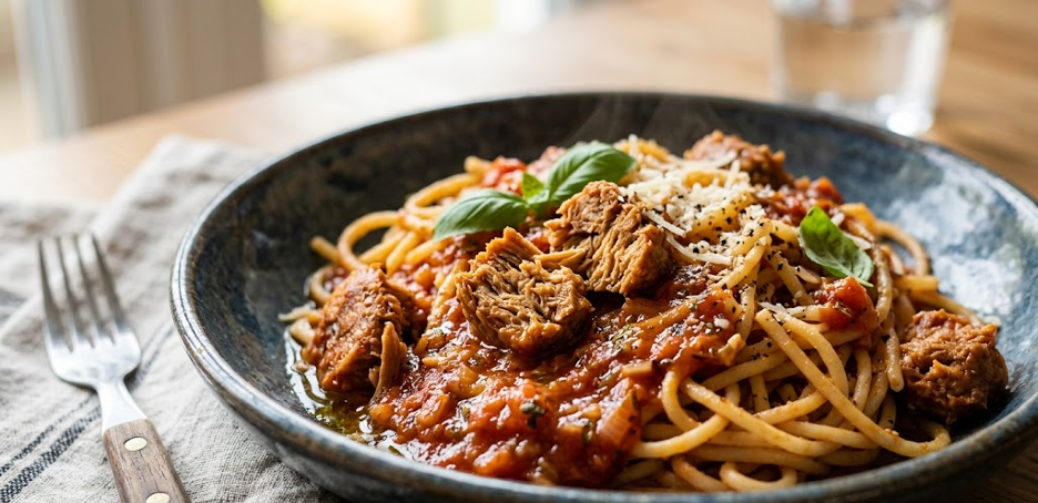 Паста с соевым мясом — пример высокобелкового обеда без мяса.