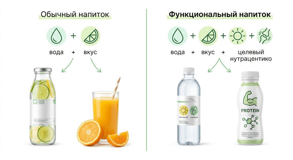 Схема отличия традиционных напитков от функциональных.