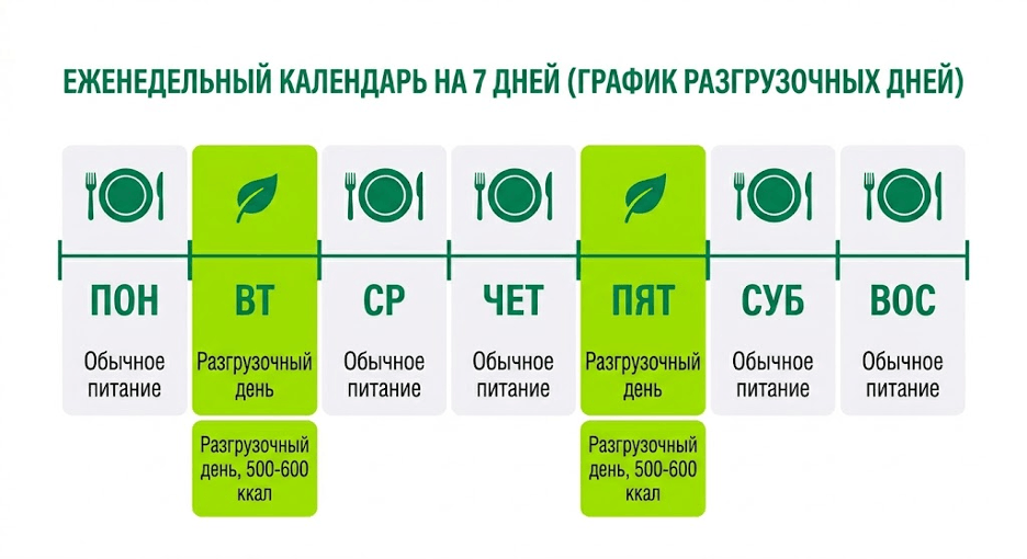 инфографика — схема интервального голодания 5/2 на неделю.