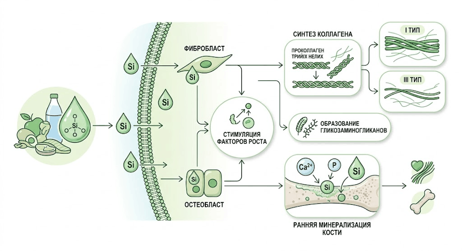 Схема участия кремния в синтезе коллагена и метаболизме человека