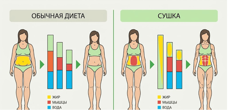 Сравнение процессов обычного похудения и сушки тела для женщин: влияние на мышечную и жировую массу