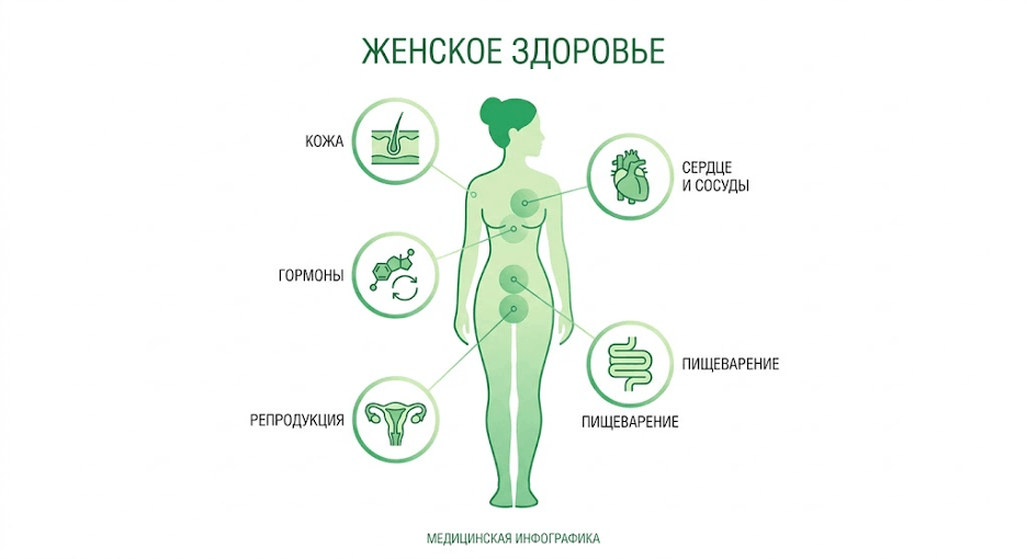 Инфографика с женским силуэтом и выносками по системам организма: Как нутриенты авокадо влияют на женский организм
