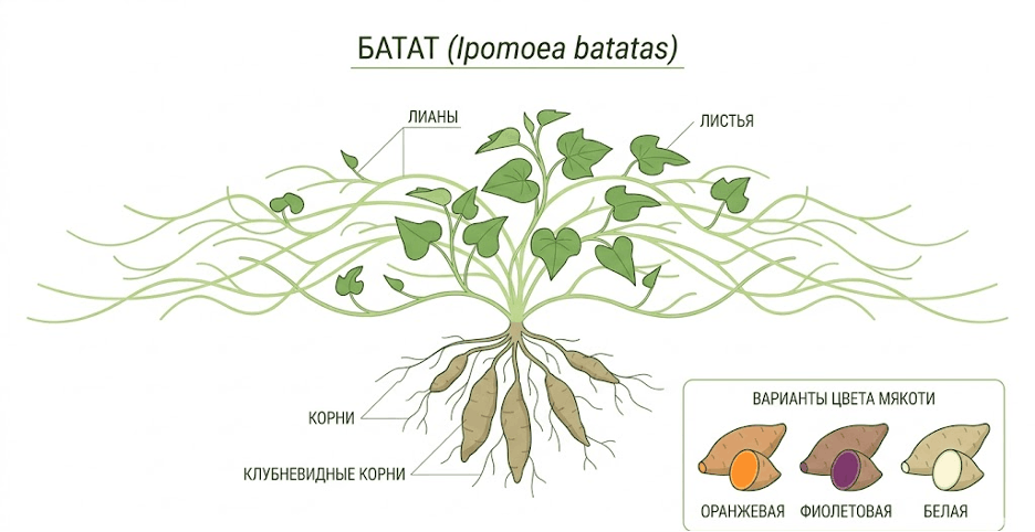 Ботаническое строение и виды батата по цвету мякоти