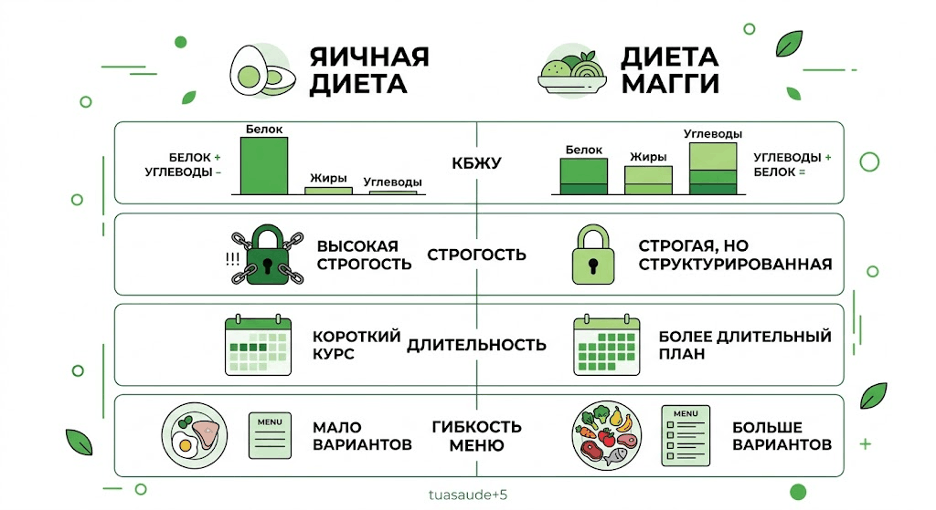 сравнительная инфографика яичной диеты и диеты Магги в формате таблицы или диаграммы Венна, с блоками «КБЖУ», «строгость», «длительность», «гибкость меню».
