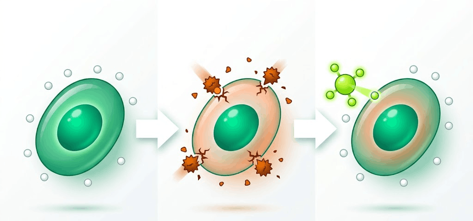 Описание схемы: этап 1 (здоровая клетка), этап 2 (атака свободного радикала и развитие окислительного стресса), этап 3 (антиоксидант отдает электрон и восстанавливает баланс)