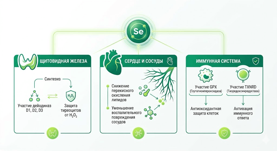 влияние микроэлемента селен на системы организма человека. Показаны три основные зоны — щитовидная железа (дейодиназы D1/D2/D3 и защита от H₂O₂), сердце (снижение перекисного окисления липидов и воспалительного повреждения сосудов) и иммунная система (участие GPX и TXNRD в антиоксидантной защите клеток)