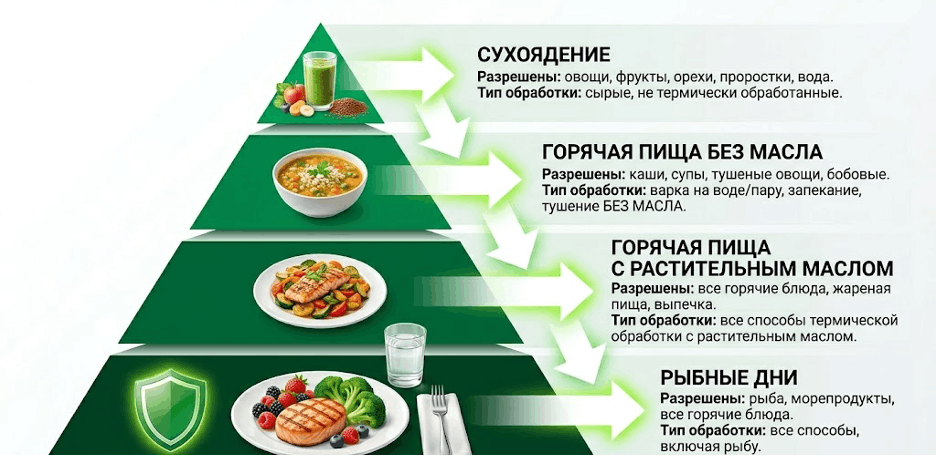 Схема степеней строгости поста в виде пирамиды. Вершина: сухоядение, ниже: горячая пища без масла, затем горячая пища с растительным маслом, основание: рыбные дни. Для каждого уровня указаны разрешенные продукты и тип кулинарной обработки