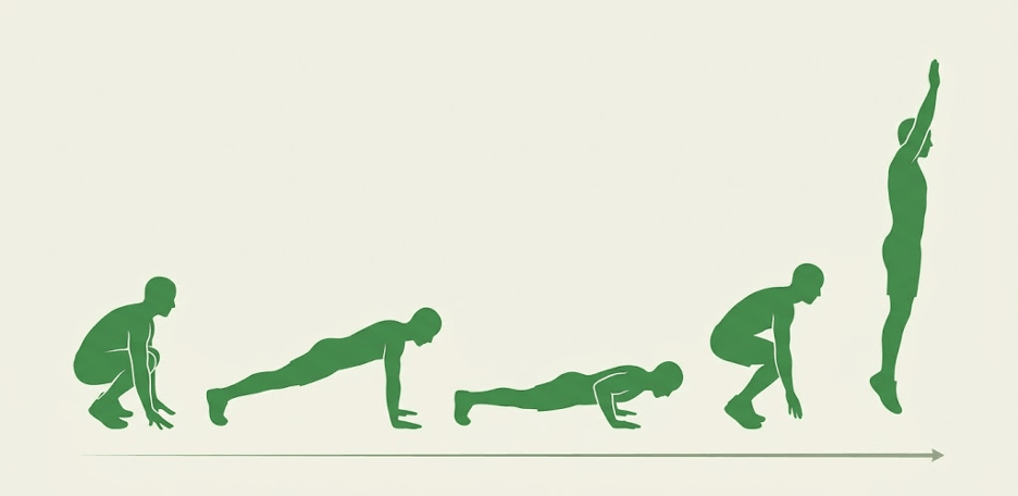 Схема биомеханики упражнения берпи: от приседа до прыжка