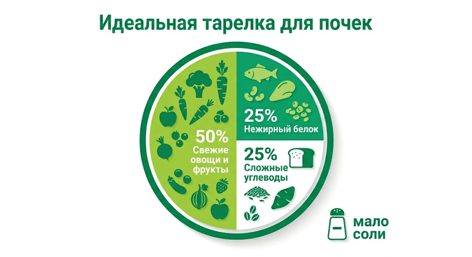 круговая диаграмма «Идеальная почечная тарелка»: 50% овощи и фрукты, 25% белковые продукты, 25% сложные углеводы