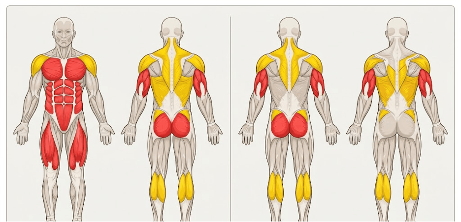 Мышцы, работающие при берпи: грудные, трицепсы, квадрицепсы, кор, ягодицы и стабилизаторы
